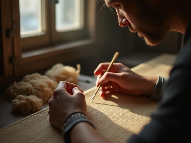 Artisan en plein travail, brodant un tissu avec concentration